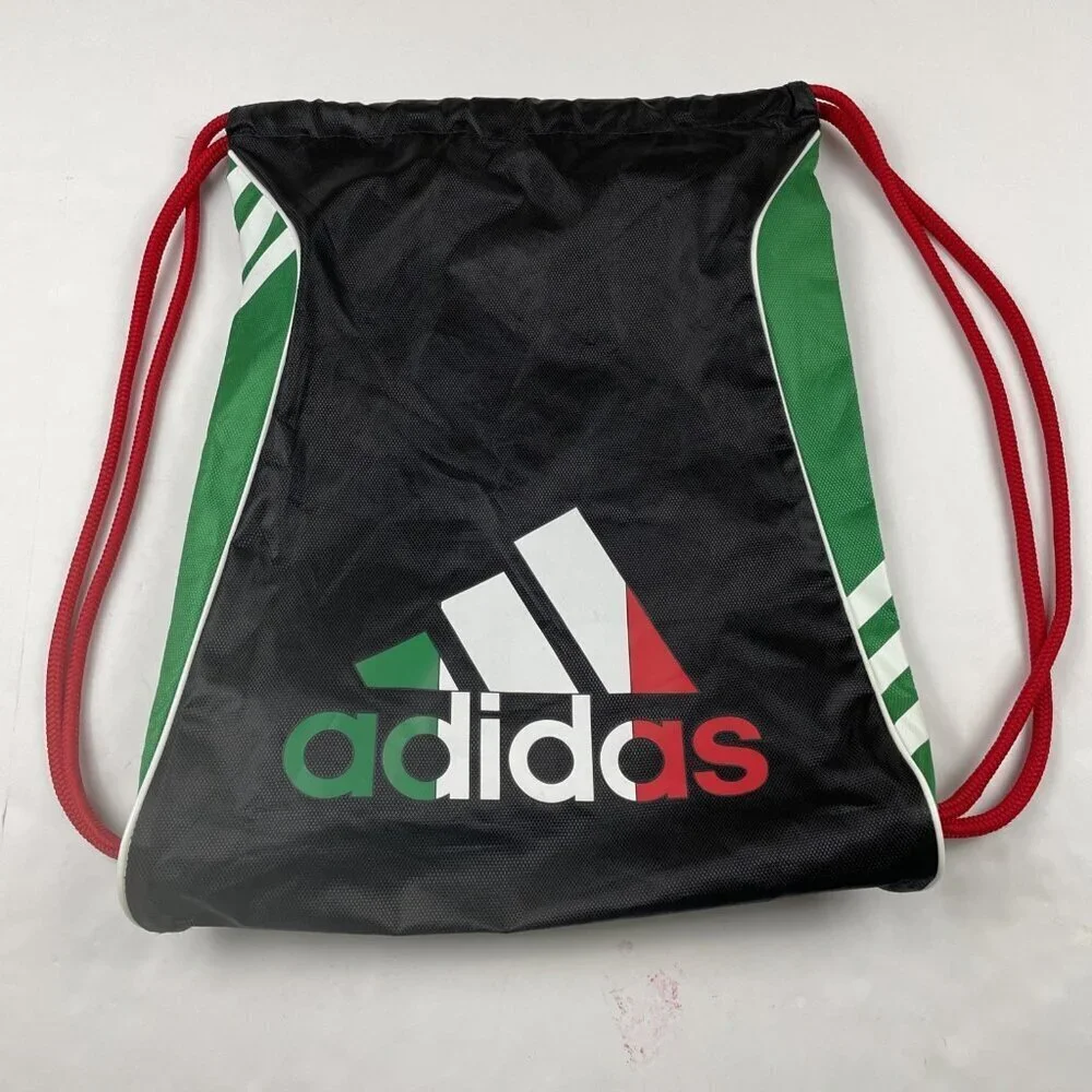 ADIDAS Drawstring Backpack Bag Poly Canvas Lightweight Green Red White Gym